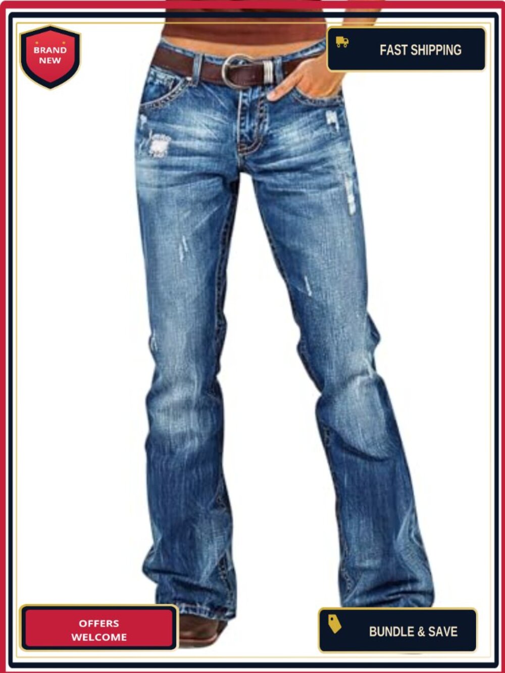 Mid Rise Ripped Bootcut Jeans - Stretchy Butt Lifting Denim